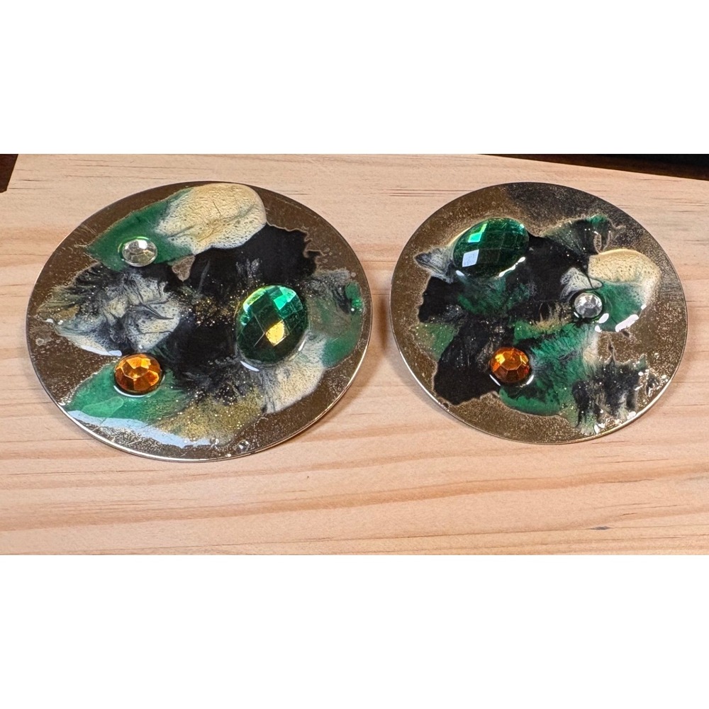 Art Deco Statement Earrings Womens Bold Green Gold Good Abstract Resin Oversized